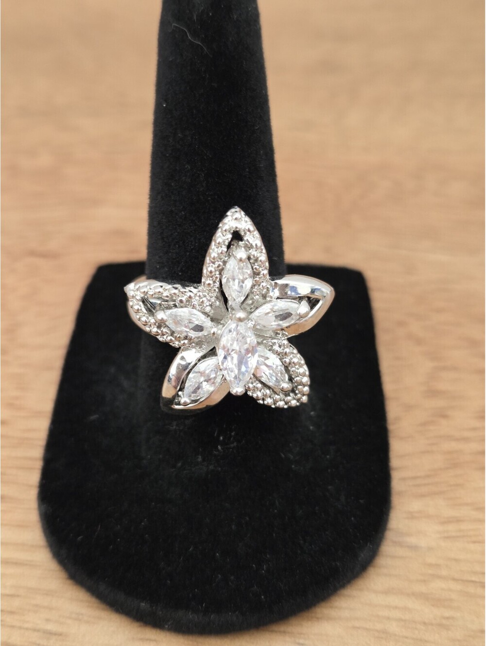 Floral Statement Ring CZ Rhinestone Flower Silver Tone Sparkle Size 7